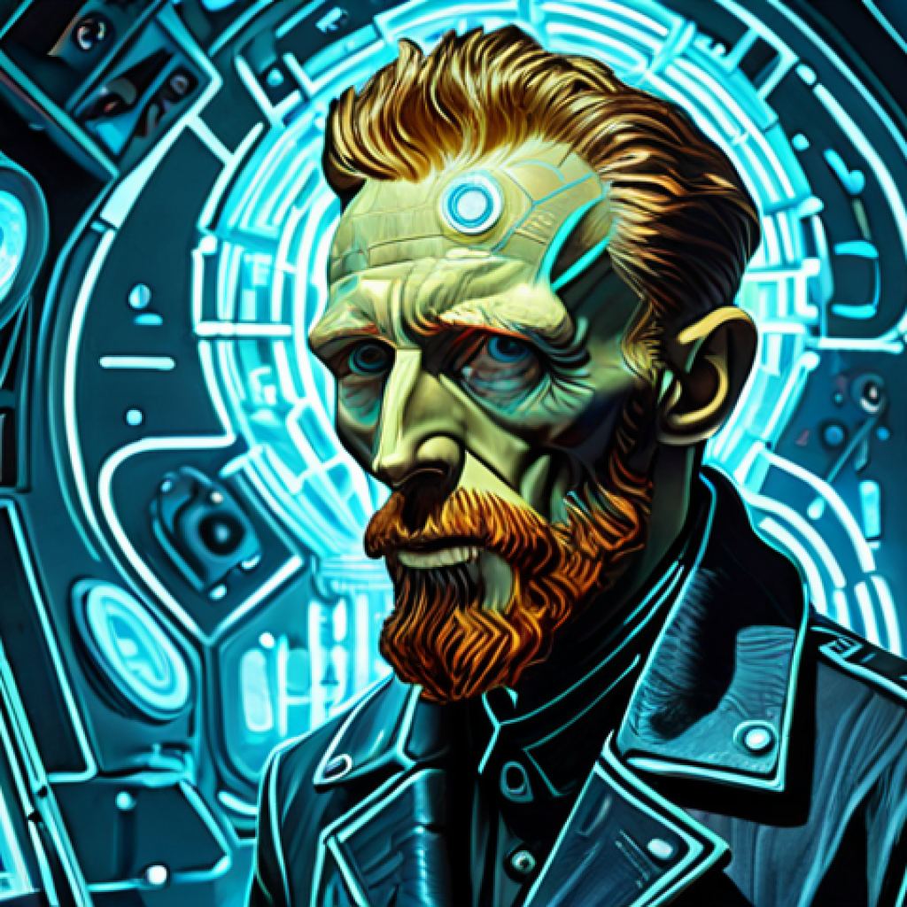**

Prompt: A futuristic portrait in the style of Van Gogh, incorporating cybernetic enhancements and neon lights, capturing the fusion of classic art and technological advancement.

**