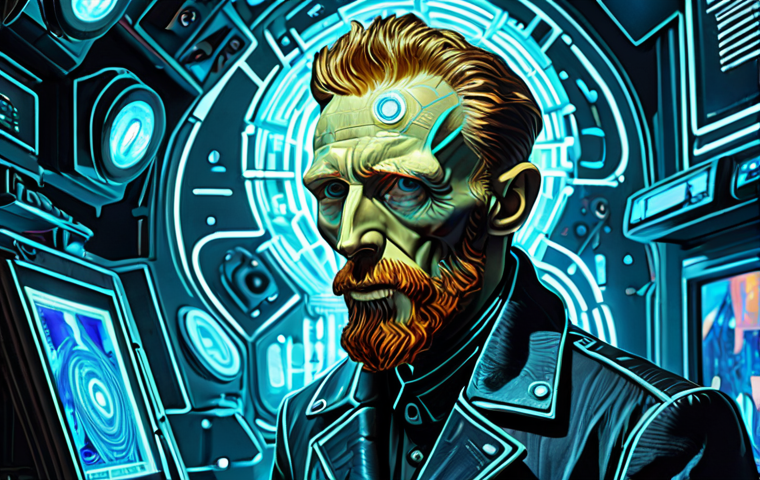 **
Prompt: A futuristic portrait in the style of Van Gogh, incorporating cybernetic enhancements and neon lights, capturing the fusion of classic art and technological advancement.
**