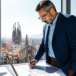 **

"A professional architect, fully clothed in a stylish, modern business outfit, reviewing blueprints in a bright, sunlit Barcelona office. Large windows overlook the city. Safe for work, appropriate content, perfect anatomy, natural proportions, professional setting, high quality."

**