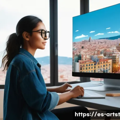 인공지능 아트에 대한 비판적 시각 - A modern digital artist’s studio in Barcelona, with a young Hispanic woman wearing casual stylish cl...