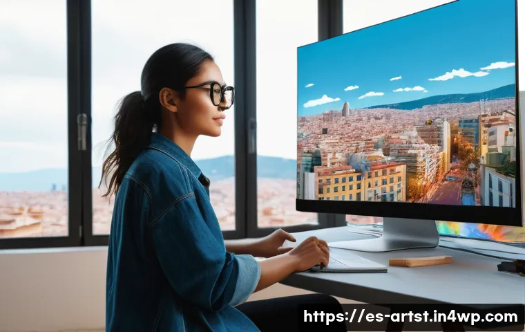 인공지능 아트에 대한 비판적 시각 - A modern digital artist’s studio in Barcelona, with a young Hispanic woman wearing casual stylish cl...