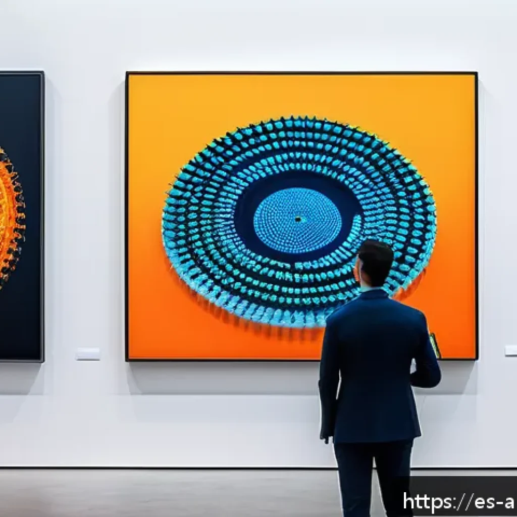 인공지능 아트의 경매 시장 동향 - A vibrant contemporary art auction scene in a sleek, modern gallery in Barcelona, featuring diverse ...