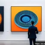 인공지능 아트의 경매 시장 동향 - A vibrant contemporary art auction scene in a sleek, modern gallery in Barcelona, featuring diverse ...