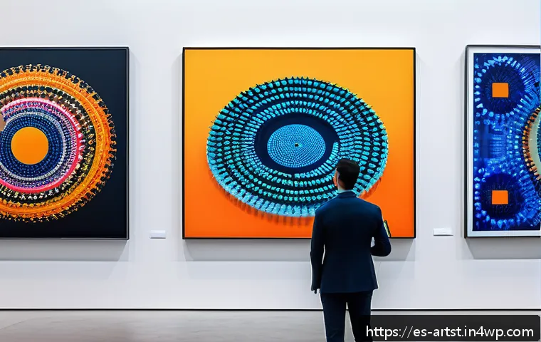 인공지능 아트의 경매 시장 동향 - A vibrant contemporary art auction scene in a sleek, modern gallery in Barcelona, featuring diverse ...