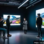 인공지능 아트의 새로운 접근 방식 - A futuristic art studio scene showing a diverse group of artists collaborating with advanced AI mach...