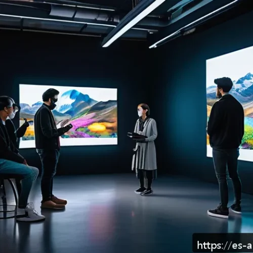 인공지능 아트의 새로운 접근 방식 - A futuristic art studio scene showing a diverse group of artists collaborating with advanced AI mach...