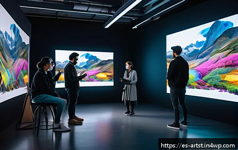 인공지능 아트의 새로운 접근 방식 - A futuristic art studio scene showing a diverse group of artists collaborating with advanced AI mach...