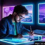 인공지능 아트의 인기 트렌드 - A futuristic digital artist’s studio blending classic impressionist painting techniques with advance...