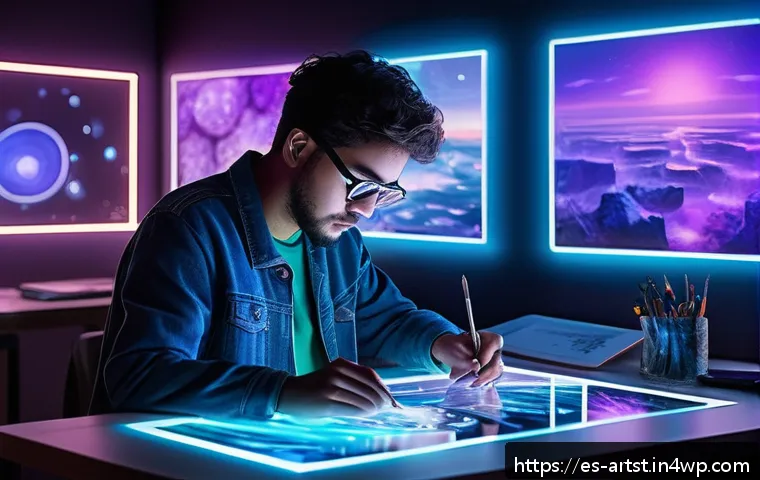 인공지능 아트의 인기 트렌드 - A futuristic digital artist’s studio blending classic impressionist painting techniques with advance...