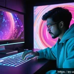 AI 아트의 감정 표현 방법 - A futuristic digital artist studio where a human creator collaborates with an advanced AI holographi...