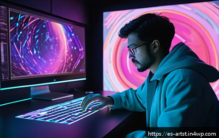AI 아트의 감정 표현 방법 - A futuristic digital artist studio where a human creator collaborates with an advanced AI holographi...