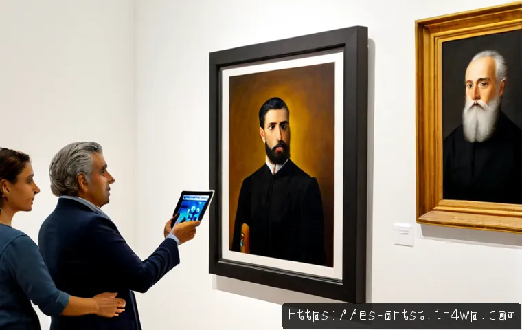 Home 17 AI 아트의 예술적 가치 평가 - Photorealistic contemporary art gallery in Madrid, an AI-generated abstract canvas displayed beside ...